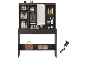 VASAGLE 3-kolorowe LED światła toaletka, regulowalne półki i szuflady, stolik do makijażu z lustrzem, nowoczesny styl, czarny RDT123B01