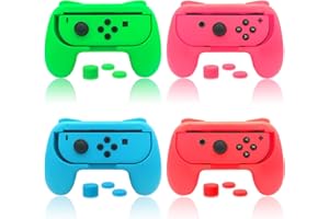 Griffe Halterung für Joy Con Switch & Switch OLED-Modell mit Daumen Griffkappen, (4 Pack) Gummioberfläche Joy Controller Grip Halter mit Joystick Kappen Zubehör - Blau/Rot/Rosa/Grün
