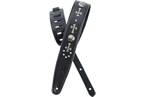Nefelibata sangle de guitare en cuir pleine fleur avec rembourrage en mousse avec des rivets d'argent croisés pour les guitares électriques, acoustiques et basses(2,5" de large, noir de carbone)