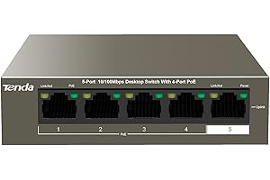 Tenda 5 port Poe Network Switch, 4 PoE Port Ethernet Internet Per port 30W, 58W for all ports, 802.3af/at Fanless Lan Switch Metal case Cool Operation Ideal for IP Camera Access Point (TEF1105P-4-63W)