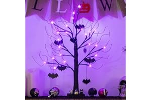EAMBRITE 2FT Black Halloween Tree with Bats Purple Lights Battery Operated Spooky Decorations Indoor Small Twig Tree Gifts for Kids
