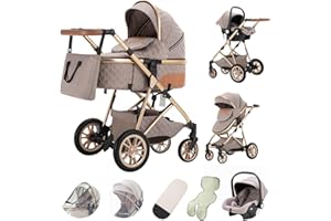 Kakbgee 3 en 1 Cochecito de Bebé, Carrito Bebe Con Asiento De Auto, Cochecito con Mango Ajustable de Altura, Cochecito Portátil con Marco de Paisaje Alto, Adecuado Para Recién Nacidos de 0 a 3 Años