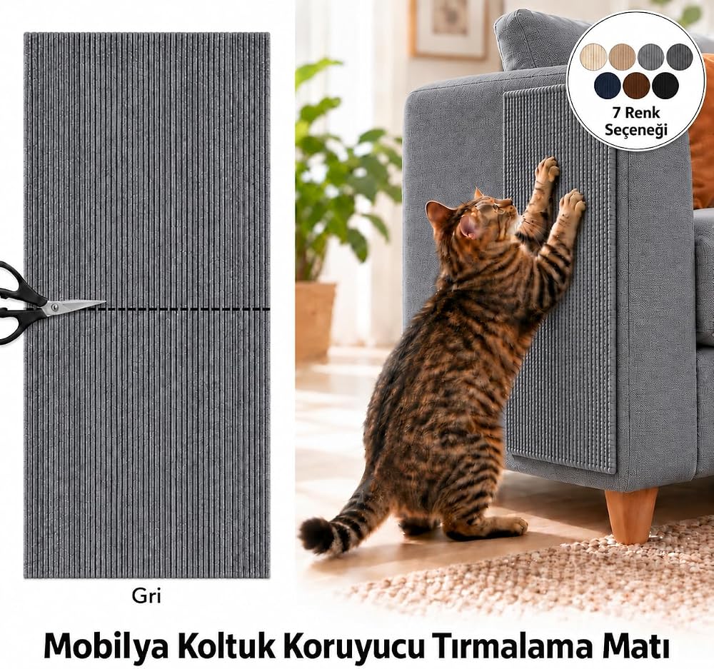 getmeev Yapışkanlı Kedi Tırmalama Halısı 100x30 cm, Mobilya Koruyucu Tırmalama Pedi, Koltuk ve Mobilya Yüzeyleri İçin Kolay Montajlı Kedi Tırmalama Matı (Gri)