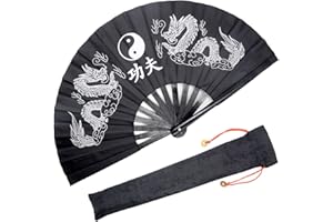 OMyTea Performance Großer Hand-Faltventilator – Chinesischer/Japanischer Kung Fu Tai Chi Handventilator für Männer/Frauen – für Dekorationen/Tanzen/Kampf/Geschenk (schwarze Doppeldrachen)