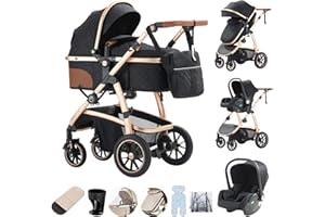 Zkiprm 3 in 1 Pushchair Travel System, Pram with Adjustable Armrest, Baby Stroller with High Aluminium Frame Landscape and Shock Absorbing Spring Travel System Buggy for Newborns Toddles 0-4 Years