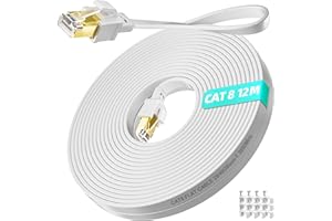 SOIBKE Kabel Ethernet 12m, Cat 8 kabel internetowy 12 metry Płaski o wysokiej prędkości 40 Gb/s 2000 MHz, ekranowany RJ45 gigabit kabel LAN biały, Kabel krosowy z 12 klipsami do modemu, routera (12M)