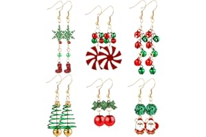 Naler Boucles d'Oreilles Noël, Lot de 6 Paires Bijoux Ensemble Percée Femme Fille, Arbre Clochette Jingle Bells Père Noël Motif Mixte