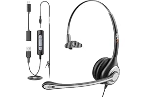 Wantek USB Headset with Microphone for PC Laptop,3.5mm/USB/Type-C Jack 3-In-1 Headphones with Noise Cancelling & Audio Controls,Teams Headset for Office,Call Center,Work,Mono