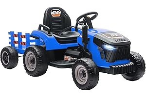 AIYAPLAY Tractor Eléctrico para Niños con Remolque Desmontable, Tractor de Juguete de Batería 12V, Velocidad 3-5 km/h, Control Remoto 2,4G, Música, Bocina, para Niños de 3-8 Años, Azul