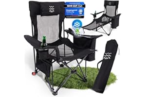 Faltbuddy® Campingstuhl faltbar & Liegestuhl klappbar 2in1 180Kg schwarz [XXL Kühltasche] Faltstuhl I Klappstuhl I Angelstuhl Campingliege Strandliege klappbar leicht - Angler Strand Festival Outdoor