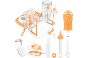LINGXIACE Baby Bottle Brush Set，Baby Travel Essentials，with Drying Rack，Silicone Bottle Brush, Nipple Brush, Straw Brush, Soap Dispenser and Storage Case，Mam Bottle Brush (White)