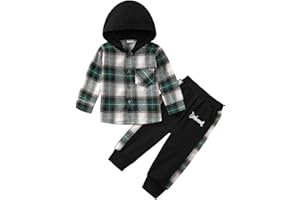 Naiyafly Toddler Boys Clothes Set Kids Long Sleeve Hoodie Plaid Sweatshirt Tops + Pants Outfit Set Children Hooded Button Down Shirts Bottom Tracksuit Boys School Playsuit