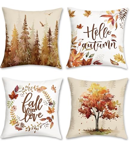 Joymaison Federe per Cuscini Divano 45x45 set di 4 Autunno Zucca Agriturismo Girasoli Federa Copri Cuscino Plaid Grigio Federe Confezione Copricuscini Quadrati per Camera da Letto Divano