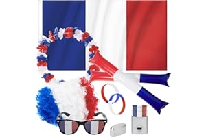 Century Star Grand paquet de supporter de France pour l'Euro 2024 | 7 pièces | perruque, capuche, drapeau français, bâton gonflable, lunettes de soleil décoratives
