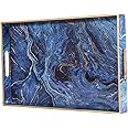 Simmer Stone Decorative Tray, Marbling Plastic Tray with Handles, Rectangular Vanity Tray and Serving Tray for Bathroom, Kitchen, Ottoman and Coffee table, 15.6” x 10.2”, Blue