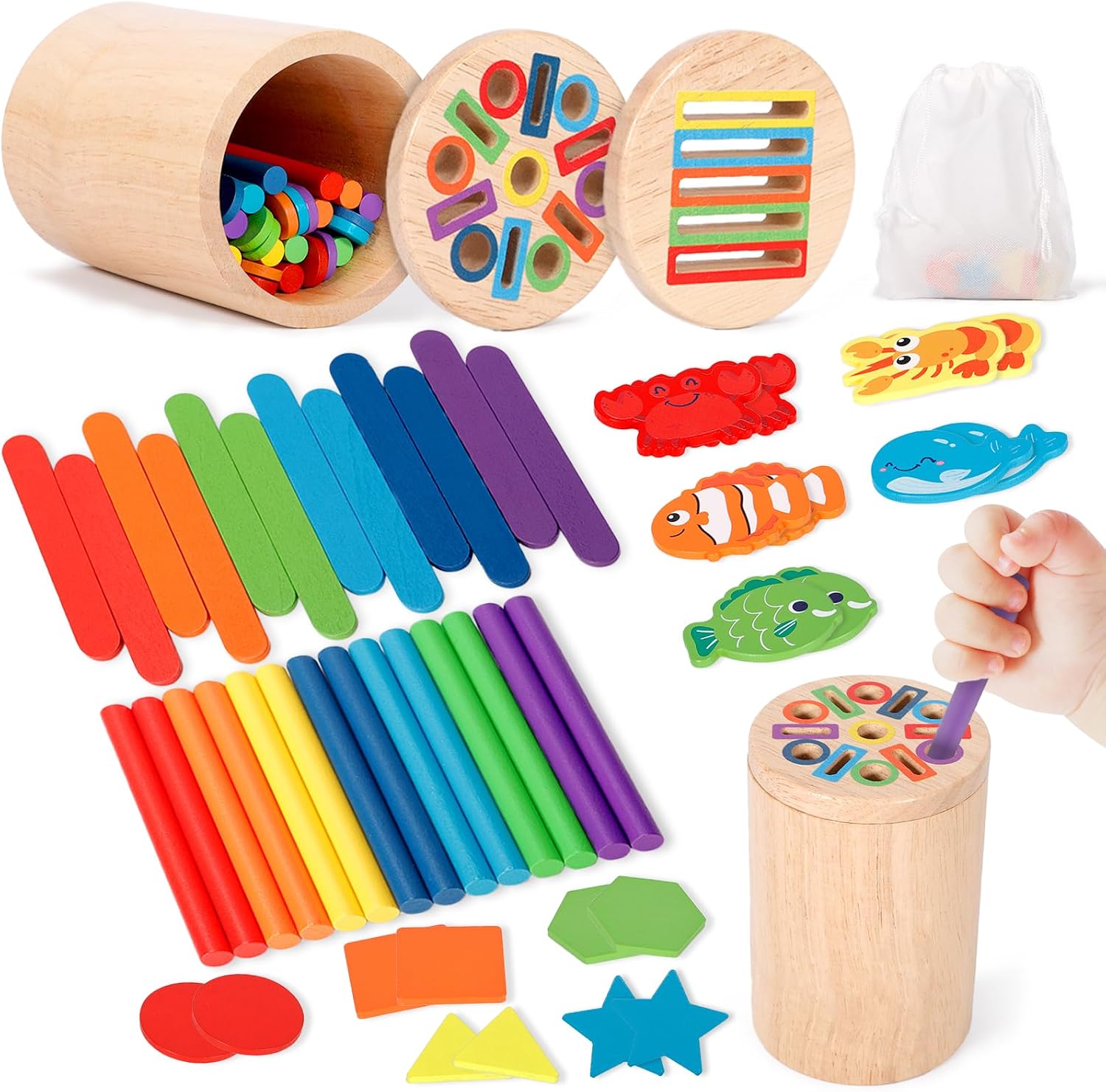 GRIRDDIV Juguetes Niños 1 2 3 Años, 4 en 1 Juguetes de Madera para Actividades y Desarrollo Montessori, Juegos Educativos Niños 1-3 Años con Bolsa de Almacenamiento, Desarrollo Motor Fino