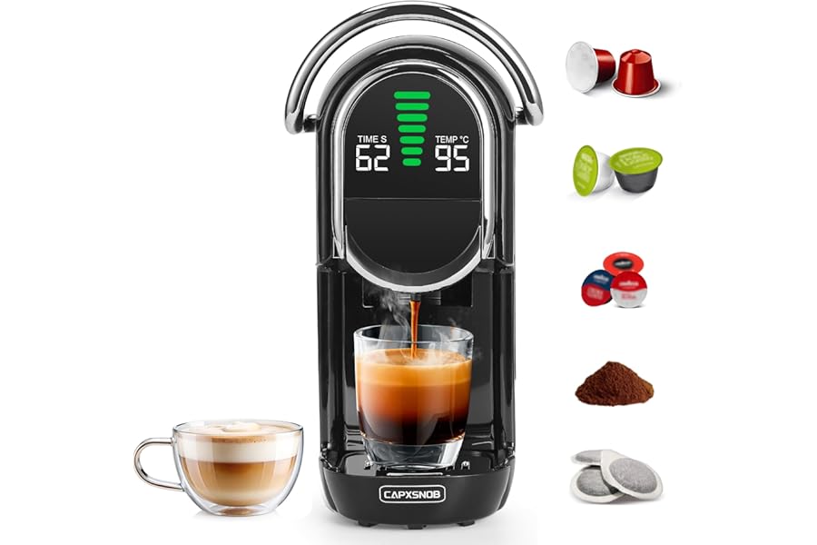 Magician1 Mini Coffee Machine Pods 5in1 for Nespresso Originals, Dolce Gusto, Lavazza A Modo Mio, ESE 44 Pods and Ground Coffee, 20 Bar, 1450W, LED Display, 7 Levels Adjustable Water