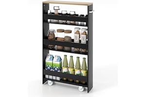 KOMFOTTEU Carrello Portaoggetti a 4 Ripiani, Carrello da Bagno e Cucina con Ruote Rirevoli a 360°, Carrellino Scorrevole con Maniglia, Slim e Sottile, Salvaspazio per Lavanderia (Nero e Naturale)