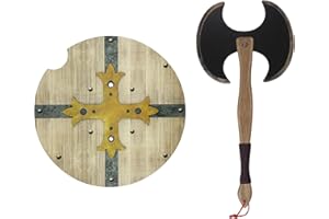 GERILEO Set of Wooden Shield and Axe - Boys and Girls Toy - Children's Toys, Kid's Game, Medieval, Vikings, Costume Accessories, Knights, Thor, Ragnarok, Halloween, Warrior, Imitation (Grey)