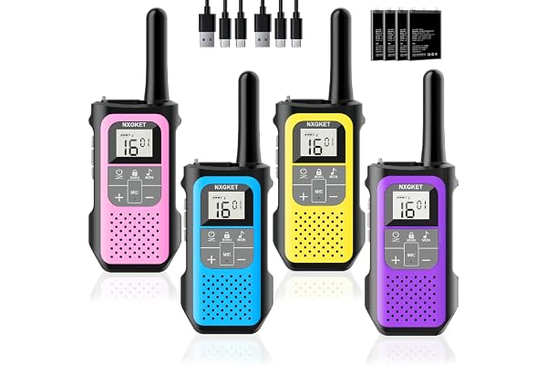 Talkie Walkie Enfants Adultes, NXGKET Talkie-walkie Longue Portée 5 km, Rechargeable 16 Canaux Radio avec Batterie Li-ION 1200A mAh, Câble USB-C, VOX pour Plein Air Camping Randonnée, Lot de 4