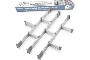 Schubladen-Organizer, Verstellbarer Schubladeneinsatz aus Aluminium für Clutter-Freie Küche, Schubladen, Büro, Klinik, Set aus 9 Trennelementen (3 lang + 6 kurz) 44.5-50 cm tief |VERBESSERT