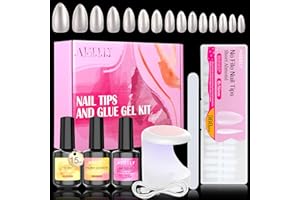 Kit Uñas, AISEELY 360 Piezas de Uñas Postizas, 15 ML 4 en 1 Pegamento, TOP Coat y Deshidratador para Uñas, Nail Kit de Tips Uñas Gel, Lámpara de Uñas Para Principiantes, Almendras Cortas