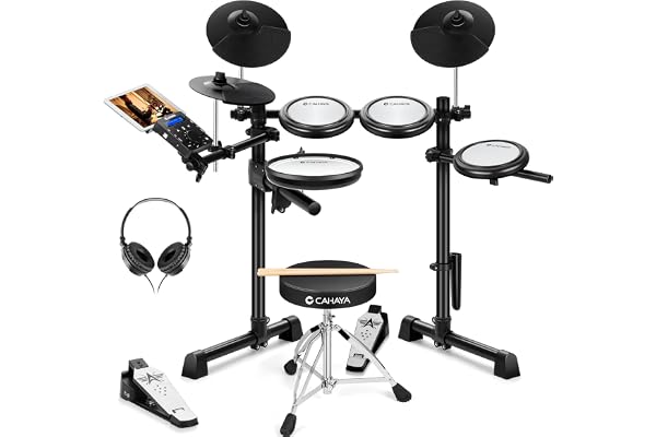 CAHAYA Batterie Électronique Kit Débutants – Avec Tabouret, Cymbales Double Déclencheur & Grosse Caisse Double Déclencheur, Peaux Maillées Silencieuses, 350 Sons, USB/MIDI & Casque, Portable