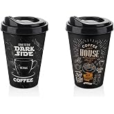 Titiz 2'li Coffee House Desenli Kahve Bardağı Takımı (2 x 400 ml) - Kahverengi Pipet Girişli Kapaklı İ&ccedil;ecek Bardağı Paketi