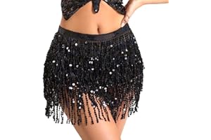 Falafoty Sequin Tassel Skirt Belly Dance Sequin Tassel Hip Performance Skirt, Fringe Sparkly Belt Party Costume Dance Mini Wrap Skirts Tassel Hip Scarf for Women and Girls, Black