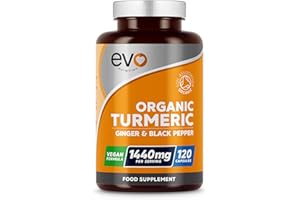 EVO NUTRITION Organic Turmeric - 1440mg, 120 Capsules | High Strength with Black Pepper & Ginger | 2 Month Supply | Vegan Capsules with Active Ingredient Curcumin | Supplement Made in the UK