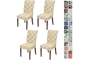 JOTOM Stretch Modern Dining Chair Covers Chair Protector Removable Soft Spandex Dining Chair Slipcovers for Hotel Party Wedding Dining Room Kitchen (Yellow Grey Geometry, Pack of 4)