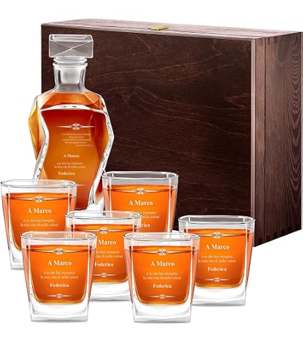 Set Decanter E 6 Bicchieri Maverton – Caraffa 810 Ml Con Tappo Ermetico, Bicchieri 250 Ml, Incisione Personalizzabile, Regalo Elegante Per Whisky E Liquori