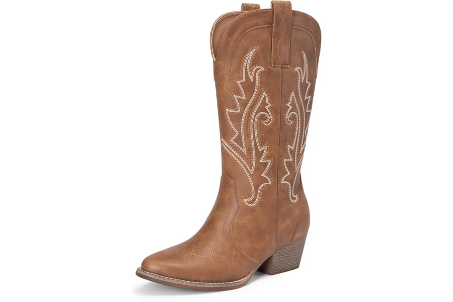 DREAM PAIRS Women's Cowboy Cowgirl Boots Embroidered Pointed Toe Low Heel Western Mid Calf Boot for Theme Party Country Concert