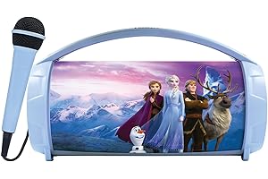 Lexibook, Frozen, Altoparlante luminoso senza fili con microfono, suono stereo, funzione Karaoke, porte USB e per schede SD, batteria ricaricabile, maniglia per portarlo ovunque, Blu/viola, BTP585FZZ