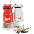 Treo By Milton Zingy Salt and Pepper Shakers Set with Adjustable Pour Holes & Stand, Glass Bottom Spice Dispenser, Set of 2, Red & White, Seasoning Condiment for Kitchen Dining Restaurant