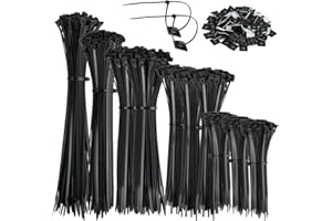 FINZOO 1000 opasek kablowych w kolorze czarnym 100/150/200/250/300 mm i 20 x klejące opaski kablowe, odporne na promieniowanie UV, odporne na wysokie temperatury, tworzywo sztuczne