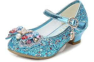 BININBOX Girls High Heels Glitter Sequins Children's Bow Princess Low-Top Student Performance Shoes