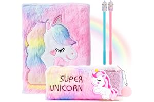 WuGU Unicorno in Peluche Diario Segreto Bambina, Set di Taccuino Unicorno con 2 Penne Gel e Un Astuccio, Regali Regalo Bambino Bambina Compleanno 5 6 7 8 9 10 11 12 Anni (Senza Lucchetto)