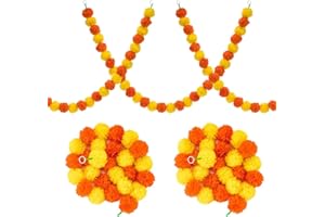 ATHEM Pack of 2 Artificial Marigold Flower Garlands - 5ft Yellow Orange Flower Garland for Diwali Decorations, House, Indian Weddings, Diwali Decor and Gifts, Indian Festival