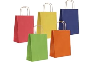 PAKNOR® Lot de 25 sacs en papier colorés avec poignée - 18 x 22 x 8 cm - Sacs à provisions en papier avec poignée à cordon de serrage - Sacs cadeaux en papier kraft - Calendrier de l'Avent DIY