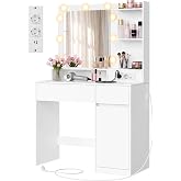 VASAGLE Makeup Vanity with Light, Mirror, Drawers and Plug | Desk, USB Ports, 80 x 80 x 144.5 cm, Cloud White, KAILYN Collect