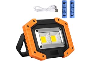 Lyneun Projecteur de Chantier LED, 30W Lampe de Chantier Rechargeable par USB Super Clair Étanche IP65 2000LM Projecteur LED Rechargeable Avec Support pour Le Camping, La Pêche, l'atelier, le Chantier
