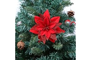 Queta Flores para Árbol Navidad Adornos, 12pcs Flores Artificiales para Decoraciones Árbol Navidad, Guirnaldas Boda Fiesta DIY Diámetro 6.3inch (Rojo)