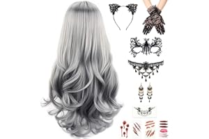 STFYUG Halloween Perücke Damen Perücke Grau, Lange Gewellt Silber Grau Perücke, Grey Wig Lang Haar Gelockt, Hexenperücke Gotisch Halskette Armbänder, für Halloween Karneval,Mottoparty