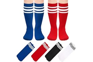 BISOUSOX 4 Pairs Football Socks for Kids Boys Athletic Socks Toddler Striped Knee-High Socks Boys Girls School Socks Cotton Children's Running Training Socks Breathable Gift for Girls Unisex