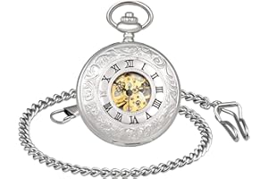 MICGIGI - Orologio da taschino unisex meccanico a carica manuale, doppia copertura, analogico, scheletro, orologio da taschino con catena, Classico