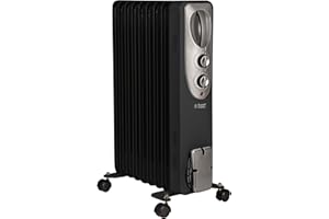 Russell Hobbs 2kW Oil Filled Radiator, 9 Fin Portable Electric Heater - Black, Adjustable Thermostat, Safety Cut-off, 20 m sq Room Size, ‎RHOFR5002B-AZ, 2 Year Guarantee