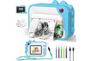 CHAKEYAKE Kinder Kamera, 2,4-Zoll Display Sofortbildkamera Kinder, 1080P HD Videokamera mit 32GB Karte,3 Rollen Druckpapier 5 Farben Pinselstift, Geschenke für 3-12 Jahre Jungen mädchen Spielzeug Blau