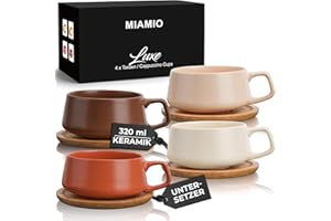 MIAMIO - 4 x 320 ml Kaffeetassen/Cappuccino Tassen mit Unterteller/elegant/modern/Kaffeebecher aus Steingut - Luxe Kollektion 4er Set (Beige Pastell)