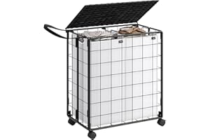 ‎SONGMICS SONGMICS Kosz na brudną bieliznę 110L, wózek na pranie z 2 wyjmowanymi workami, z pokrywą, 57 x 33 x 65 cm, do pralni, atramentowo-czarny i chmurkowo-biały LCB211B12